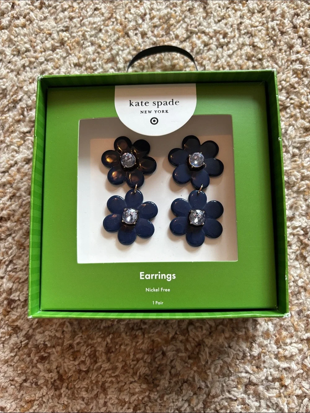kate spade navy double flower drop earrings with crystal centers